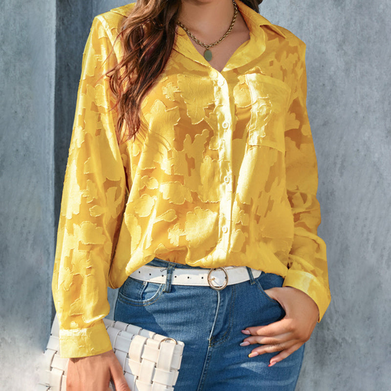 Womens Casual Sheer Button down, Long Sleeve V Neck Jacquard Blouses Tops