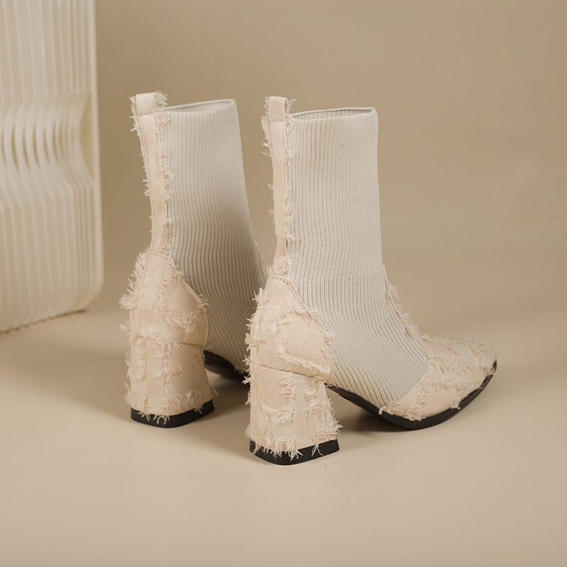 Women's Fringe And Knit Combination Mid-Calf Boots, Boho Chunky Block Heels