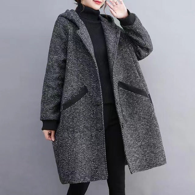 Winter Korean Style Loose Hooded Mid-length Velvet Padded Thickened Coat