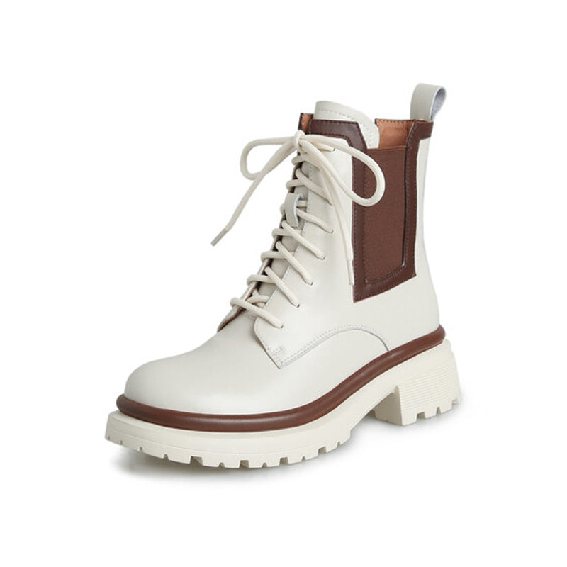 Mid Heel Single Round Toe Colorblock Boots