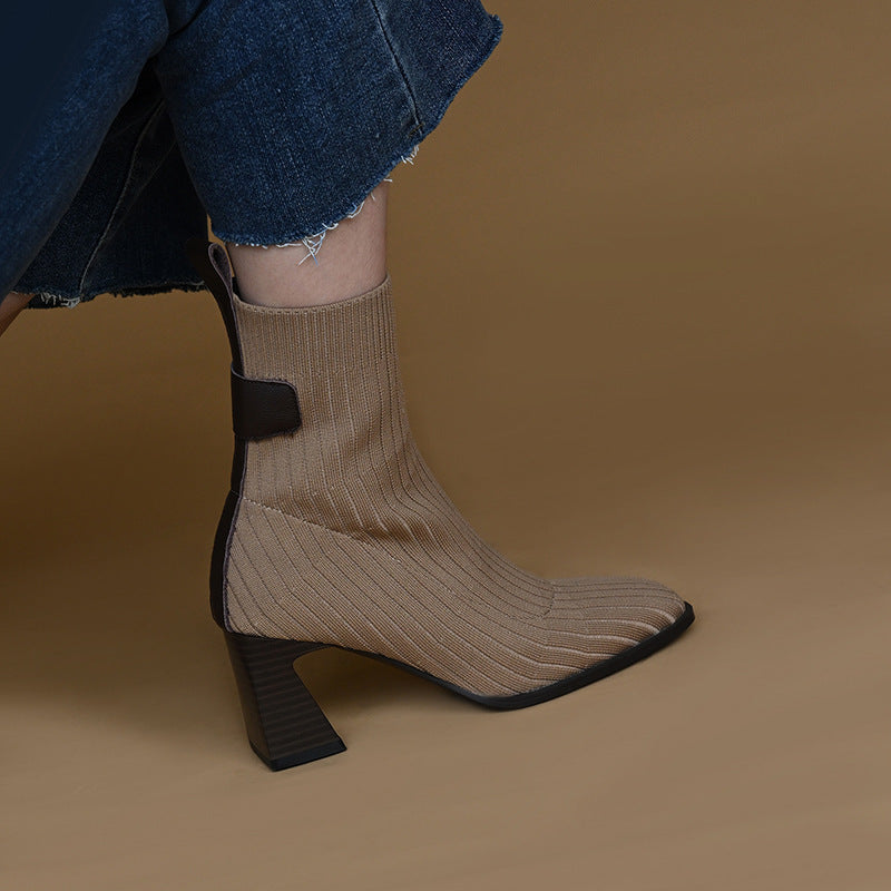 Women's Knitted Square Toe Block Heel Stretch Boots