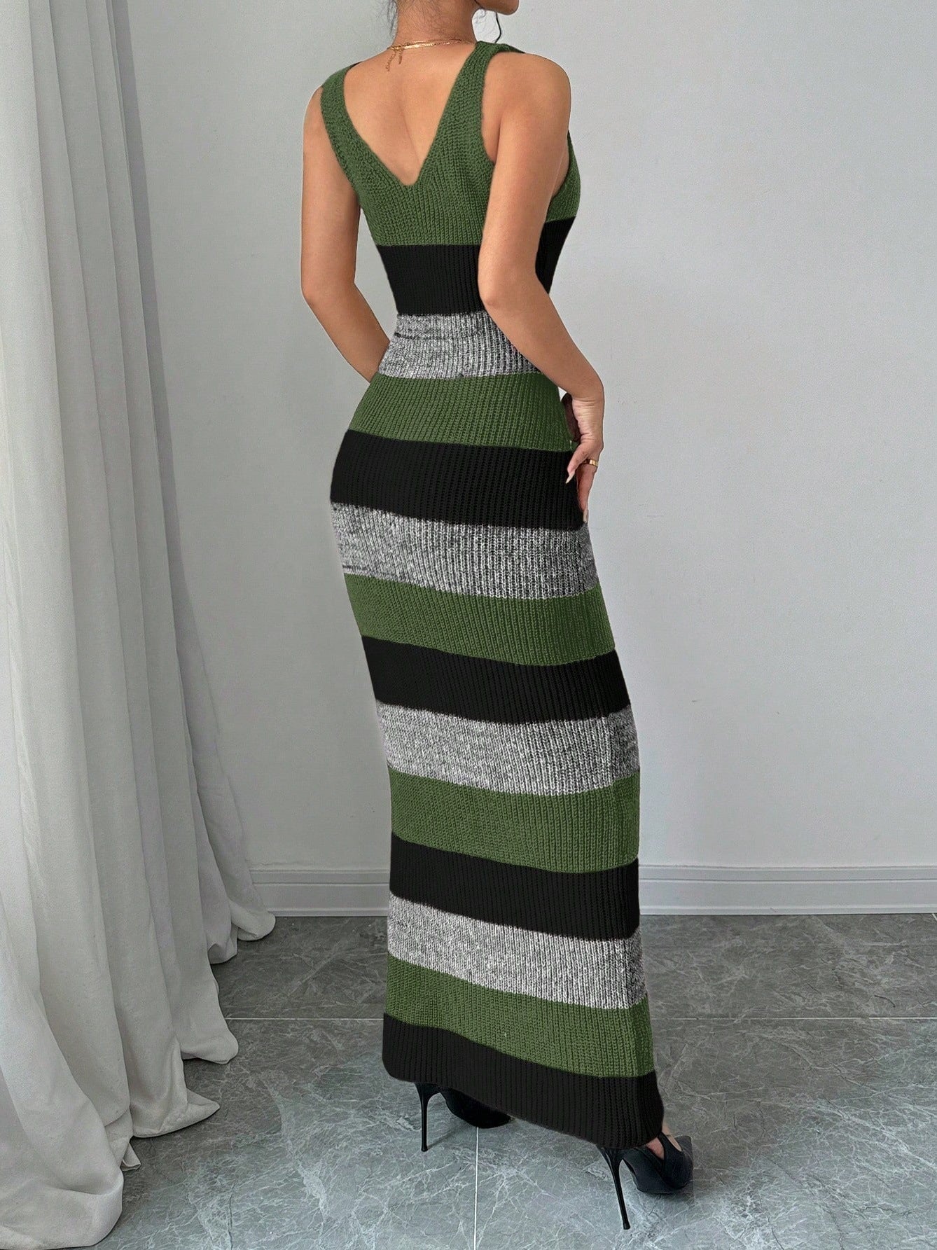 Striped Contrast Color Suspender U-neck Long Knitted Dress