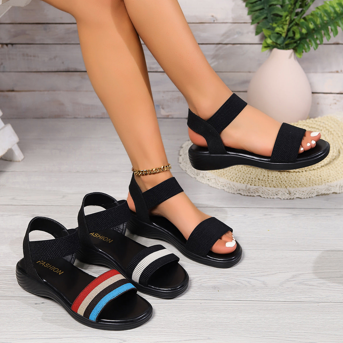 Fashion Color-block Elastic Summer Sandals. Fish Mouth Flat Women Shoes