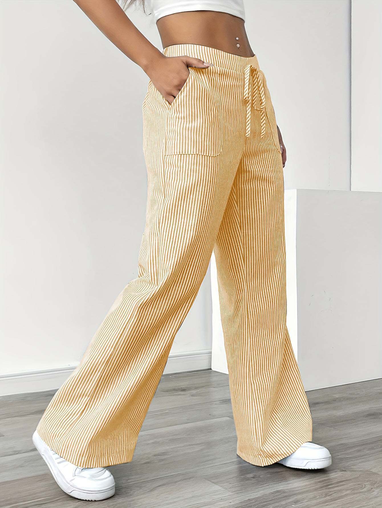 New Striped Casual Trousers With Pockets. Versatile Loose Wide Leg Pants.