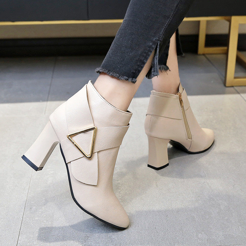 High heels pointed toe all-match solid color leather boots