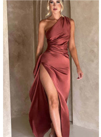 Sexy One-shoulder Backless Slit Dress. Summer Elegant Satin Dresses For Women