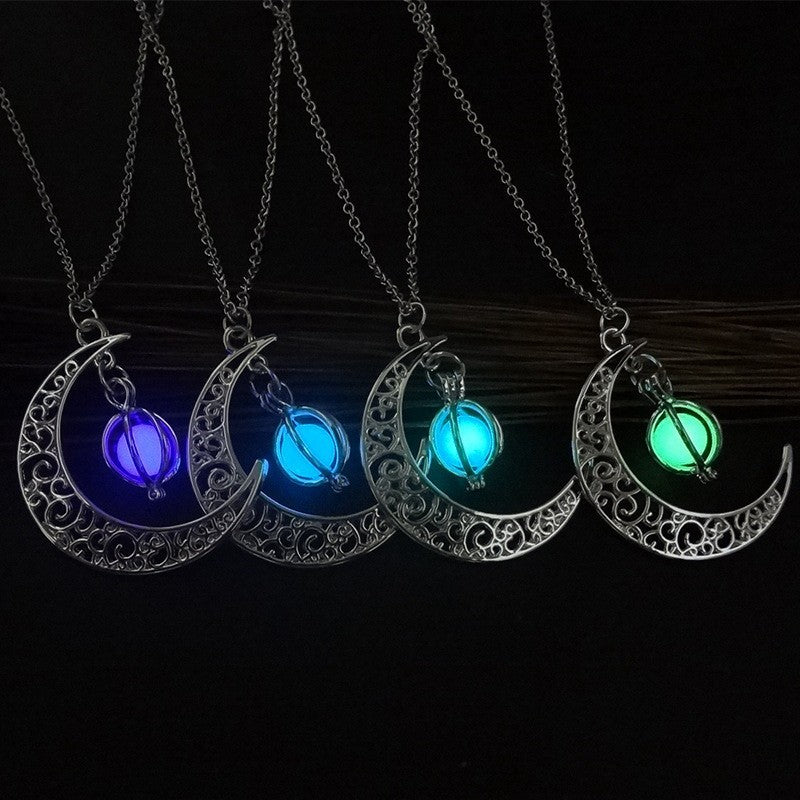 Moon Natural Glowing Stone Healing Pendant Necklace, Luminous Women Gift Charm