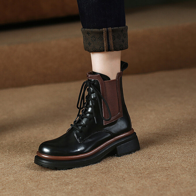 Mid Heel Single Round Toe Colorblock Boots