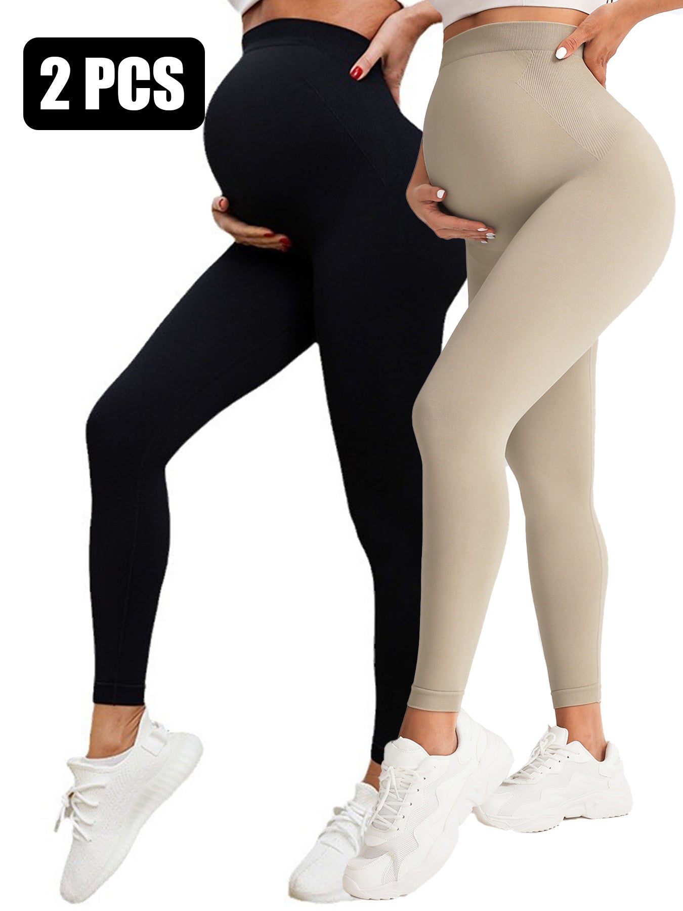 2 Pack  Maternity High-Waisted Seamless Yoga Pants - Tummy Support Fitness Leggings