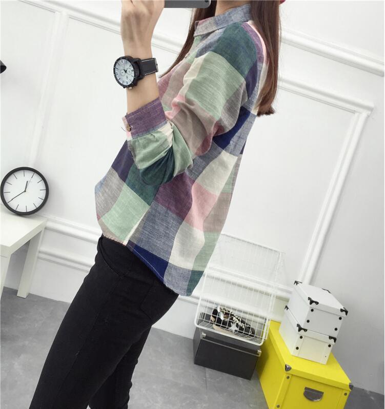 Plaid Women Kimono Vintage, Cotton Long Sleeve Blouse