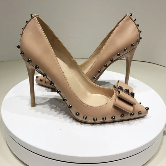 Patent Leather Bow Rivet High Heels. Pointed Toe Stiletto Shoes
