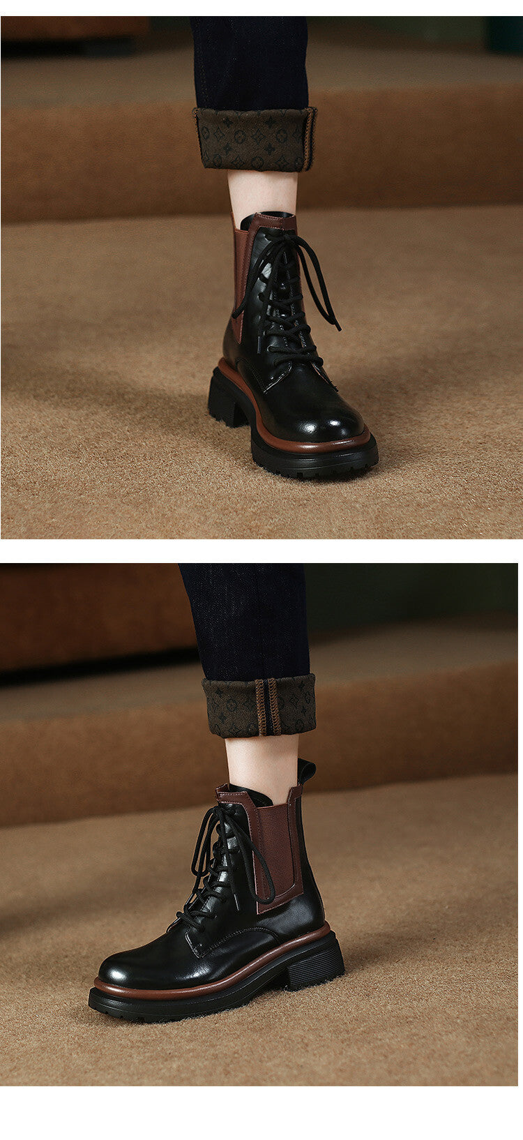 Mid Heel Single Round Toe Colorblock Boots
