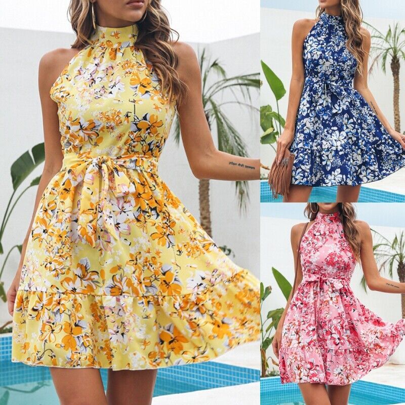 Halter Women Floral Print Sleeveless Swing Chiffon Holiday Dresses
