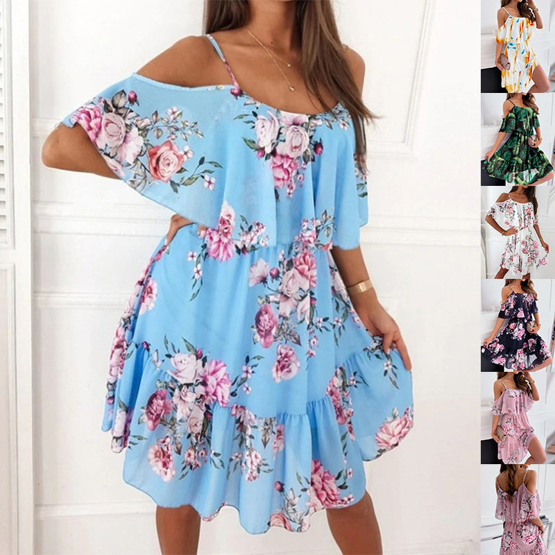 Flower Printed Ruffled Suspender Summer Dresses. Off-the-shoulder Strap Women dress