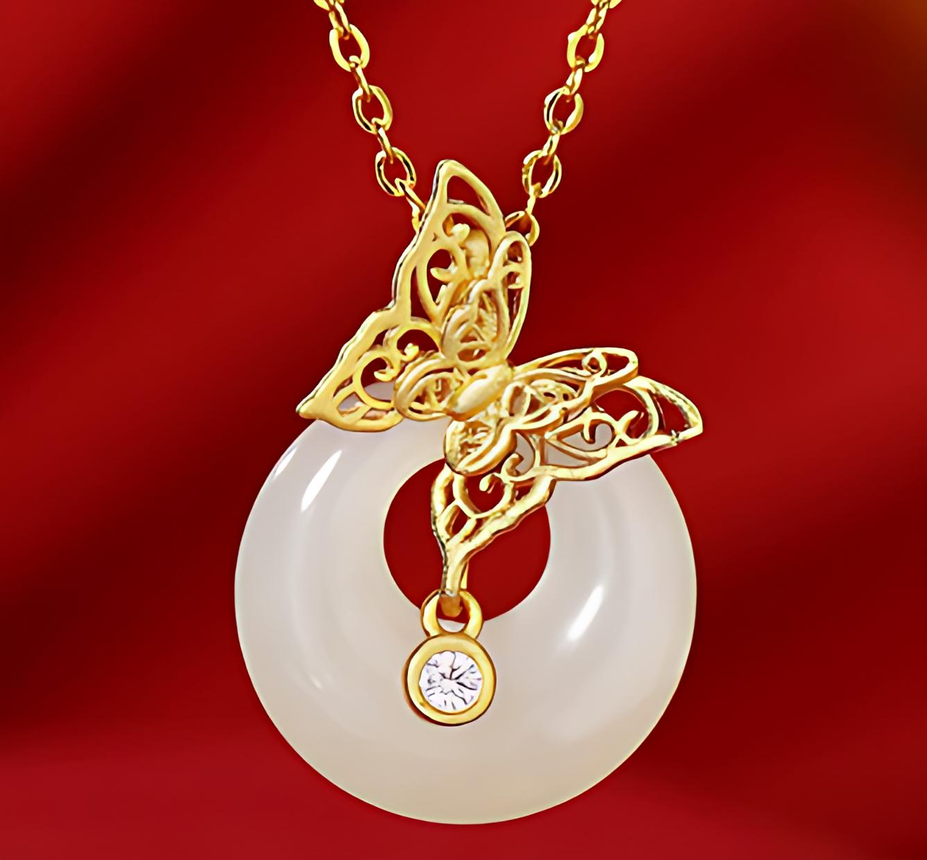 Chinese Jade Necklace Sterling Silver Butterfly Dream Pendant