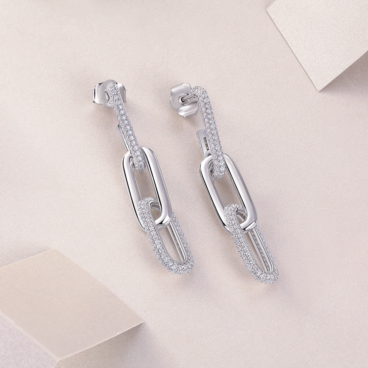 Chain Luxury Fashion Diamond Earrings. Stud Set With Mosan Diamond Silver Ornaments