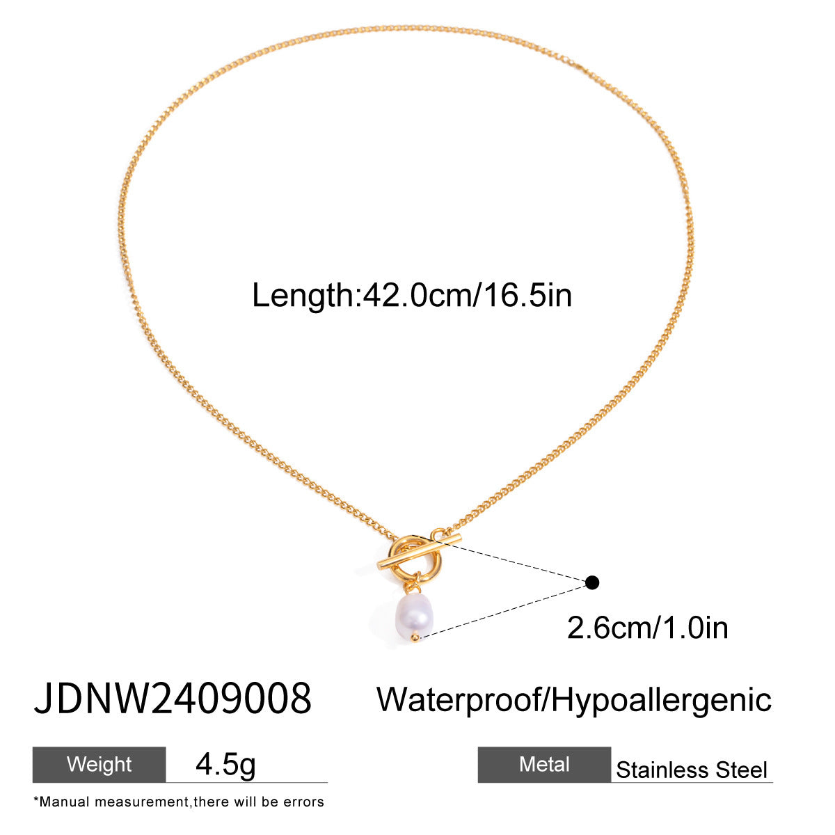 Stainless Steel 18k Gold Pearl Pendant Necklace