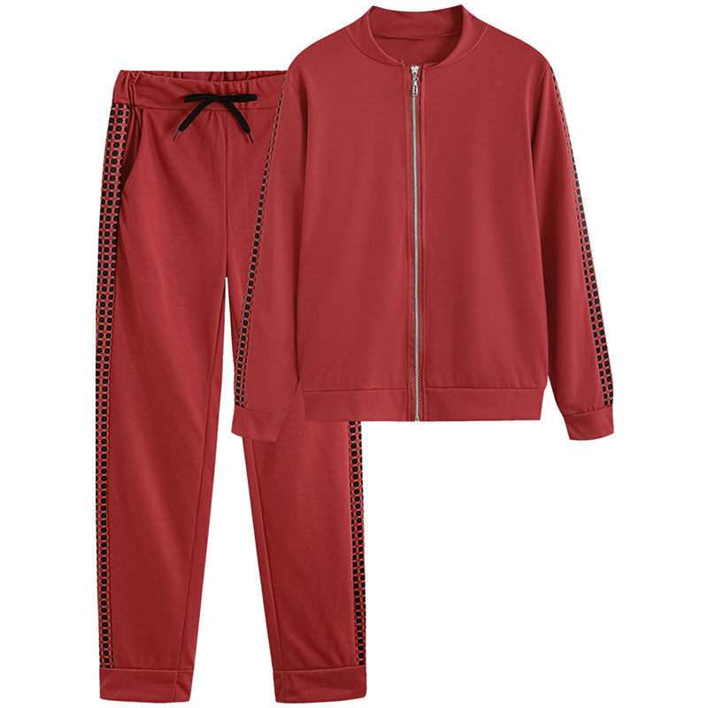 Print & Plaid Zip-Front Top and Tie-Waist Pants Set, 2-Piece Casual Loungewear For Women Spring And Fall