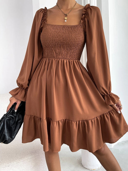 Flared Long Sleeve Women Square Neck Ruffled Swing Dresses