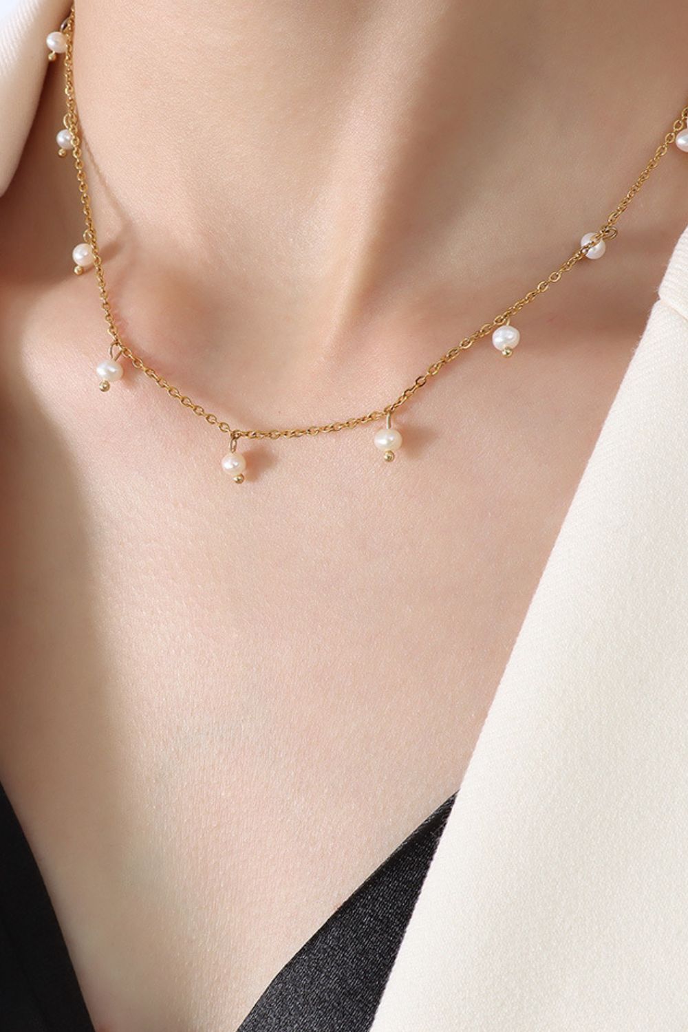 Pearl Titanium Steel Plated 18K Real Gold Colorfast Pearl Starry Necklace