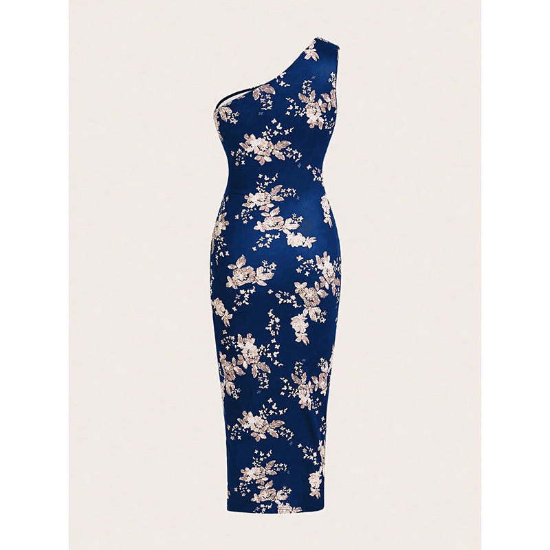 Women's One Shoulder Bodycon Dresses. Ruched High Split Floral Beach Cocktail Dresses.