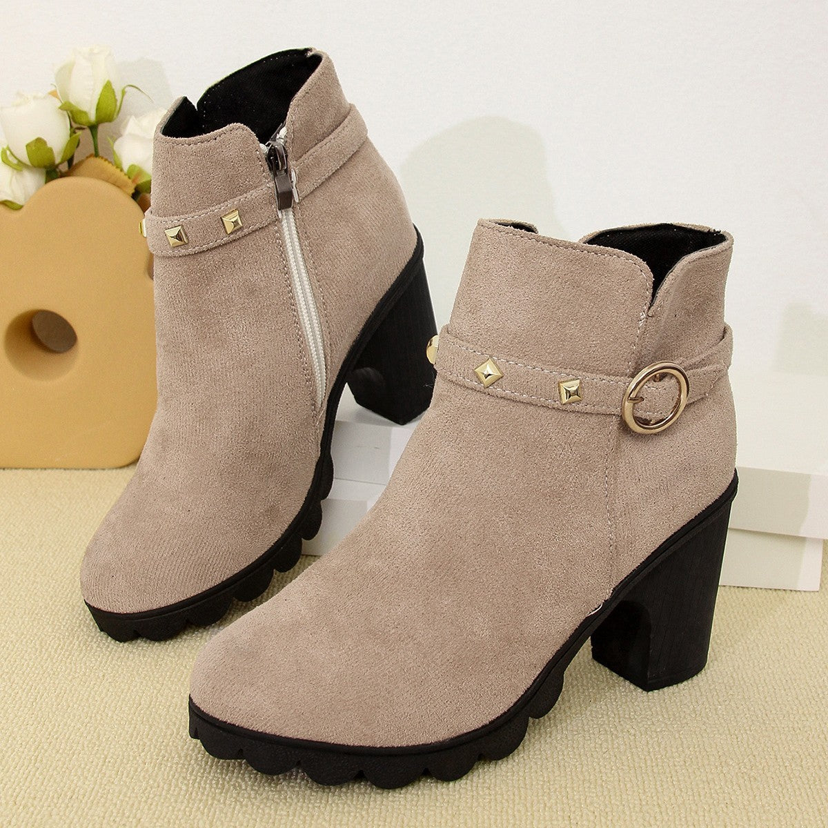 Women's Chunky Heel Round Toe Side Zipper Ankle Boots