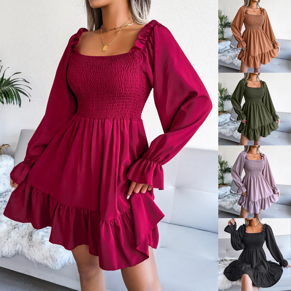 Flared Long Sleeve Women Square Neck Ruffled Swing Dresses