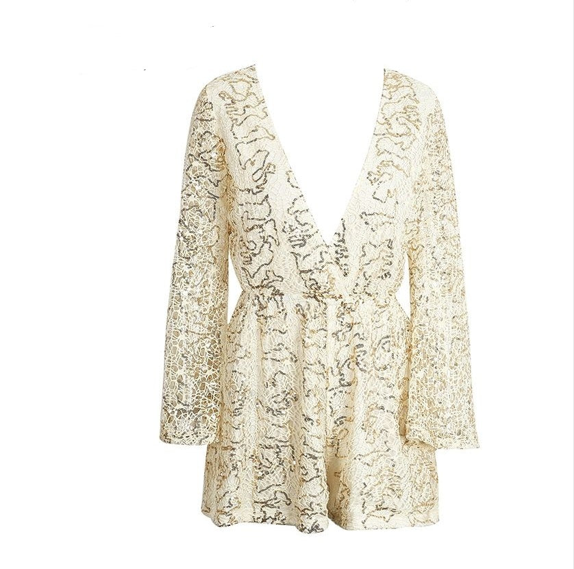 Women deep v long Lace jumpsuits rompers sleeve shorts