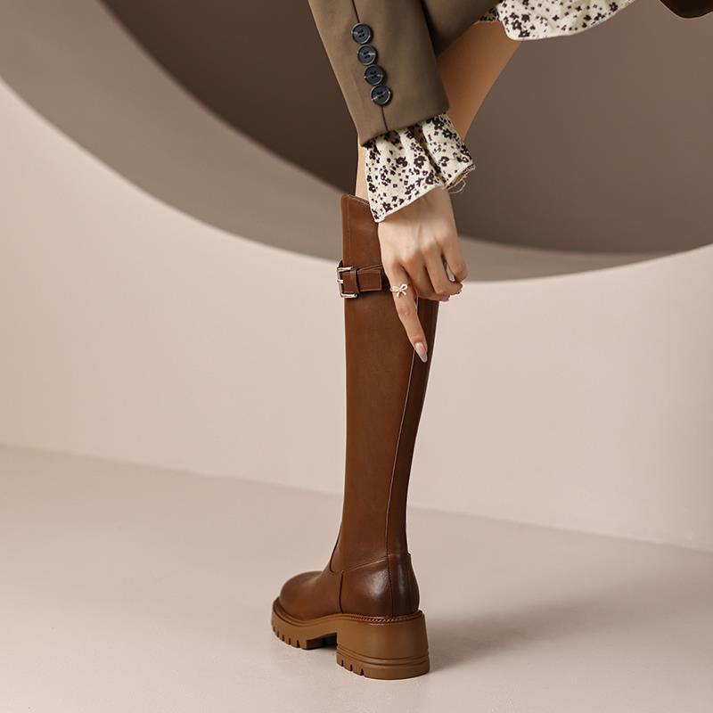 Leather High Heel Knee Boots. British Style Round Toe Chunky