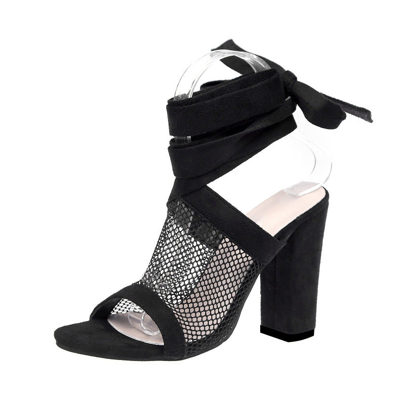 Women Bandage Flock Cross Strap Lace Up High Heels Sandals