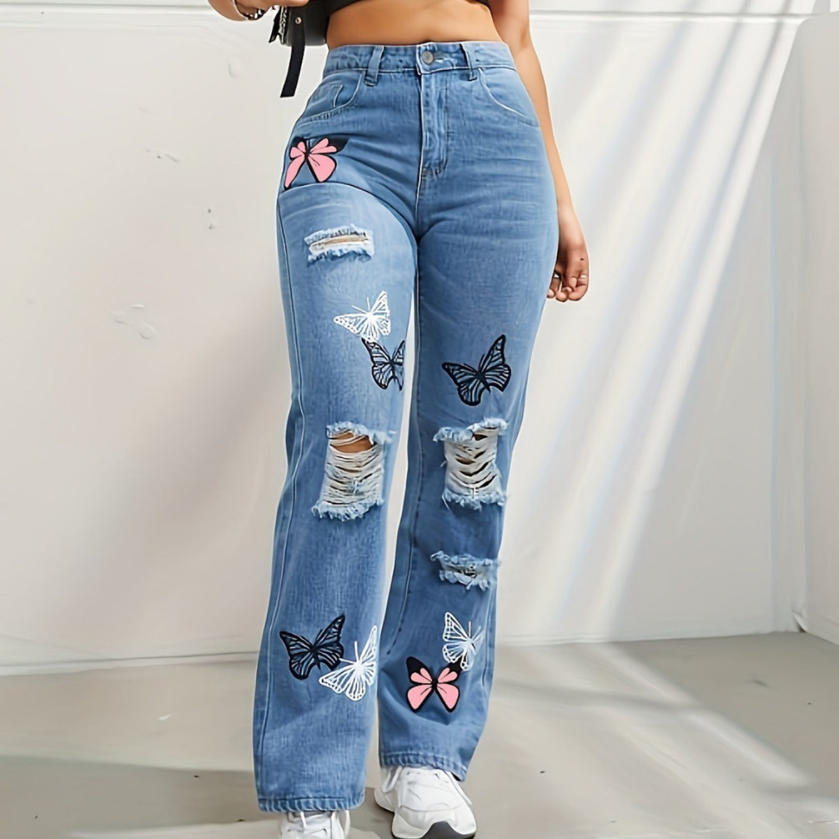 High Waisted Straight Leg Jeans For Women. Trendy Butterfly Print Ripped Distressed Denim Pants