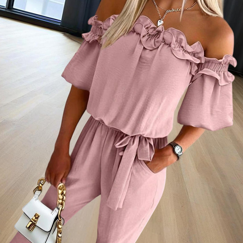 Women's Solid Color Elegant Off-Shoulder Jumpsuit. Ruffle Sleeves & Tie-Waist Summer Casual Romper