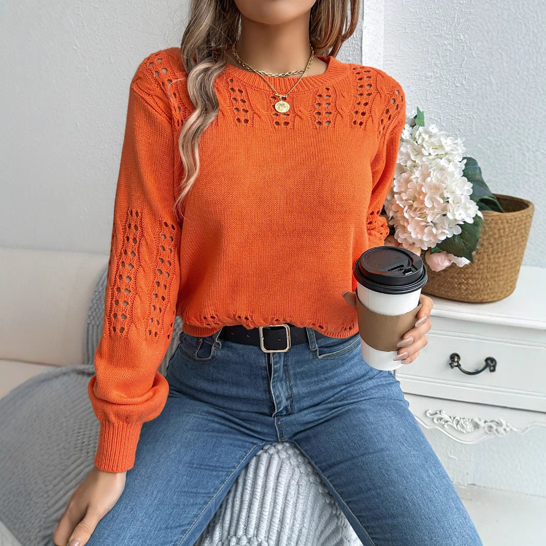 Hollow-out Lantern Sleeve Pullover Sweaters