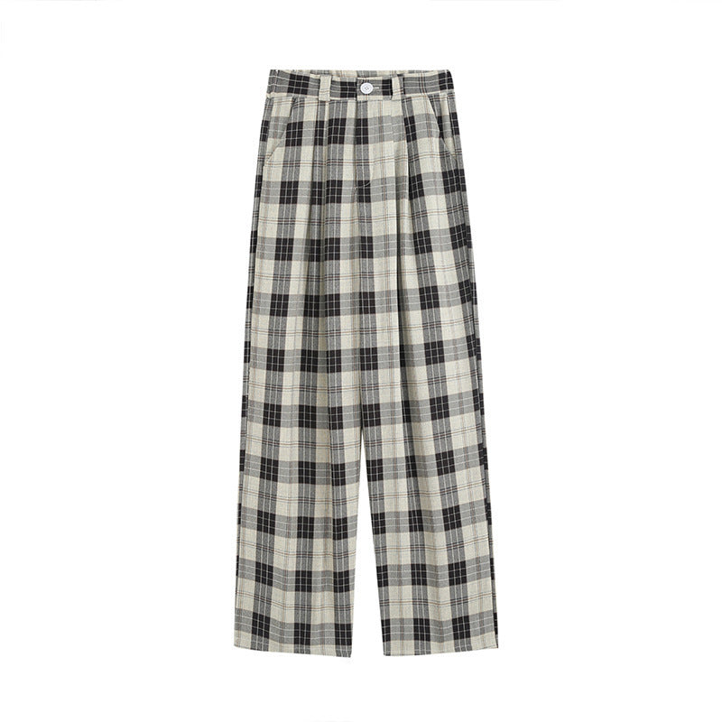 Ice Silk High Waist Plaid Pants. Korean Loose Wide-leg Pants