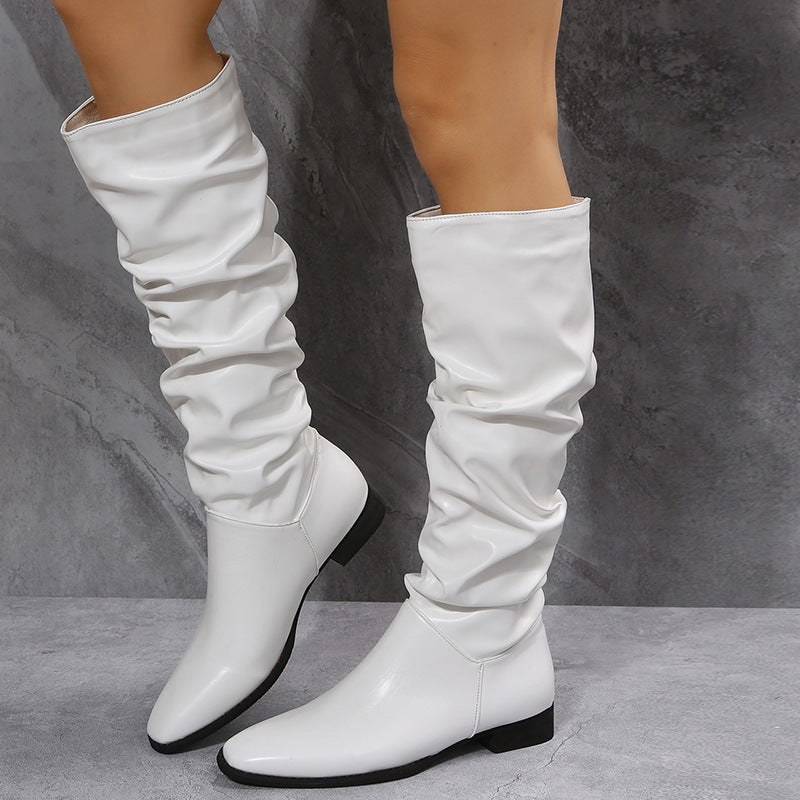 Long White Cowboy Women Boots. Pointed Toe Shoes