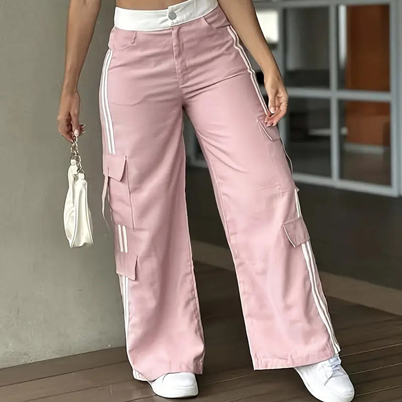 Women's Striped Straight Leg Pants. Button Zip With Pocket, Casual Trousers For Spring And Fall