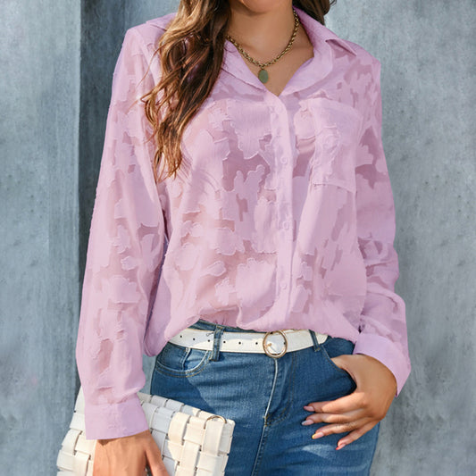 Womens Casual Sheer Button down, Long Sleeve V Neck Jacquard Blouses Tops