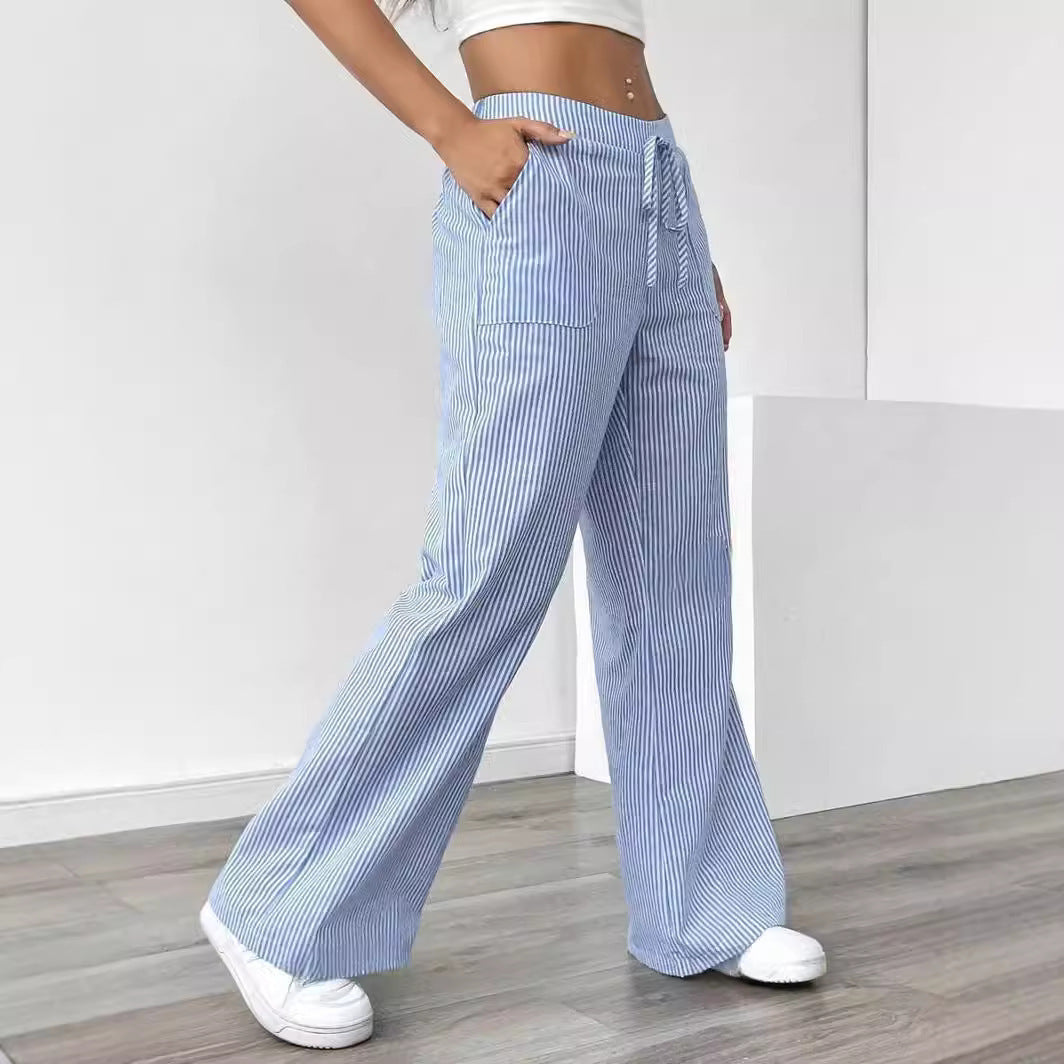 New Striped Casual Trousers With Pockets. Versatile Loose Wide Leg Pants.