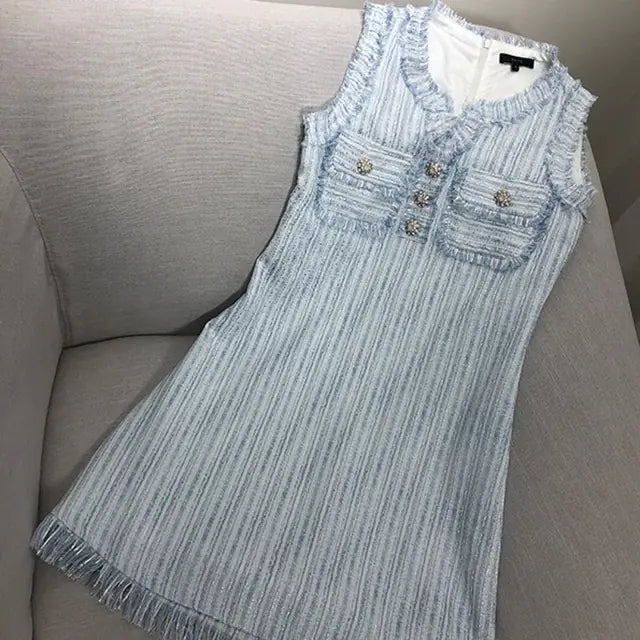 Women’s Summer Sleeveless Tweed Mini Dress with Pockets