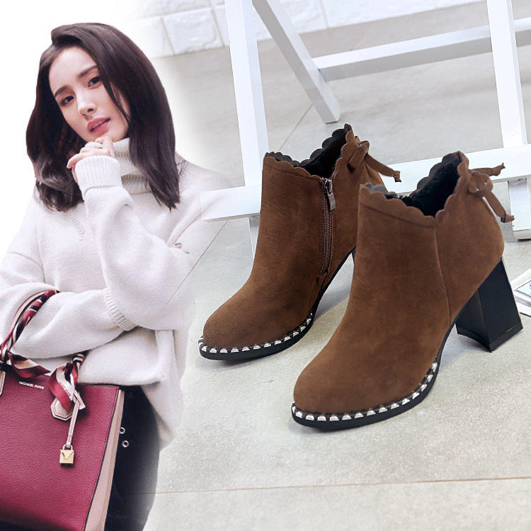 Female short autumn winter warm boots. Martin boots bows ornament high heels