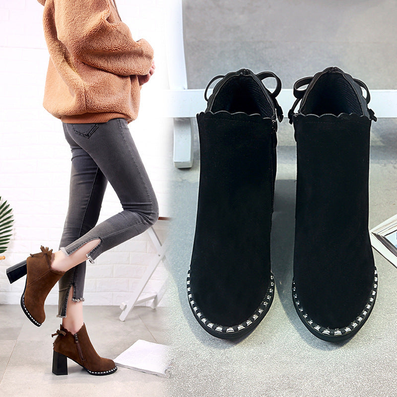 Female short autumn winter warm boots. Martin boots bows ornament high heels