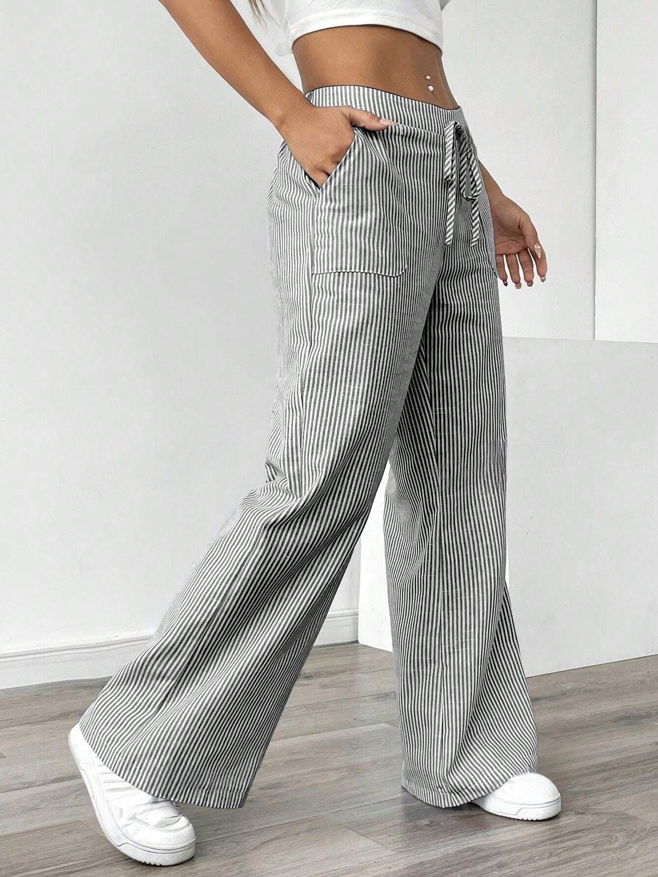 New Striped Casual Trousers With Pockets. Versatile Loose Wide Leg Pants.