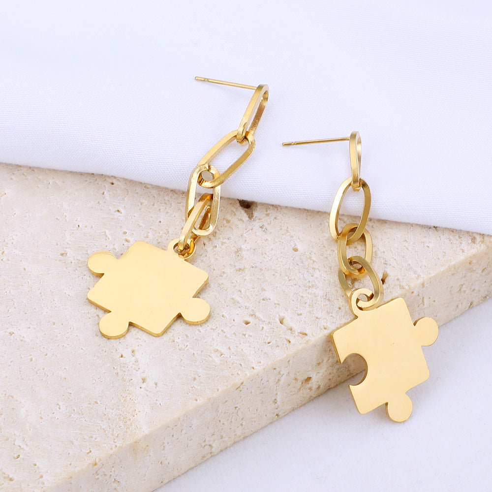 Stainless Steel Long Earrings Geometric Puzzle Pendant Earrings