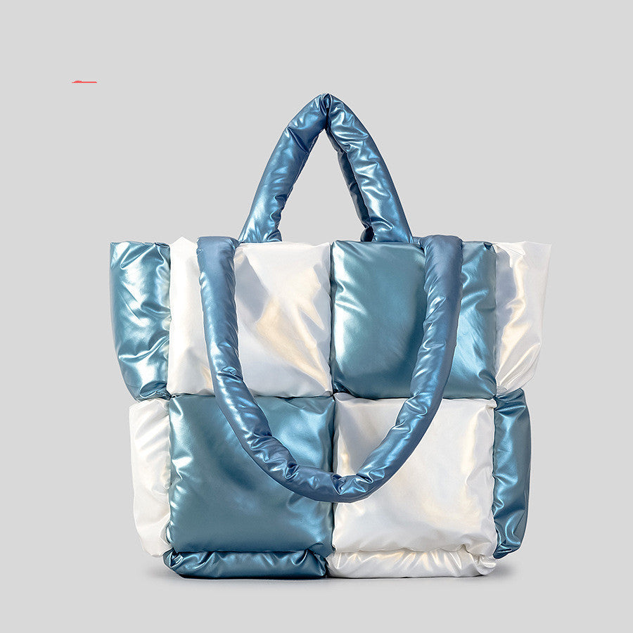 Winter Color Matching Down Cotton-padded Coat Tote Bag. Soft Plaid Shoulder Bags