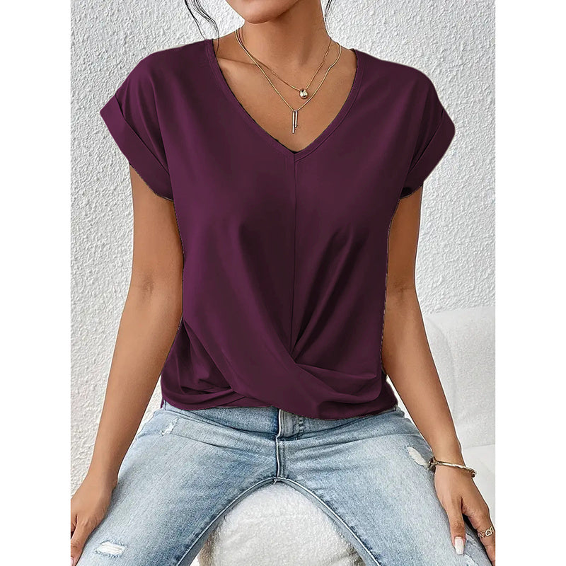 Women's Comfy Casual Summer Tops Short Sleeve V Neck Blouses T Shirts Twist Knot Basic Tees