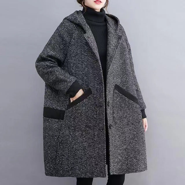 Winter Korean Style Loose Hooded Mid-length Velvet Padded Thickened Coat