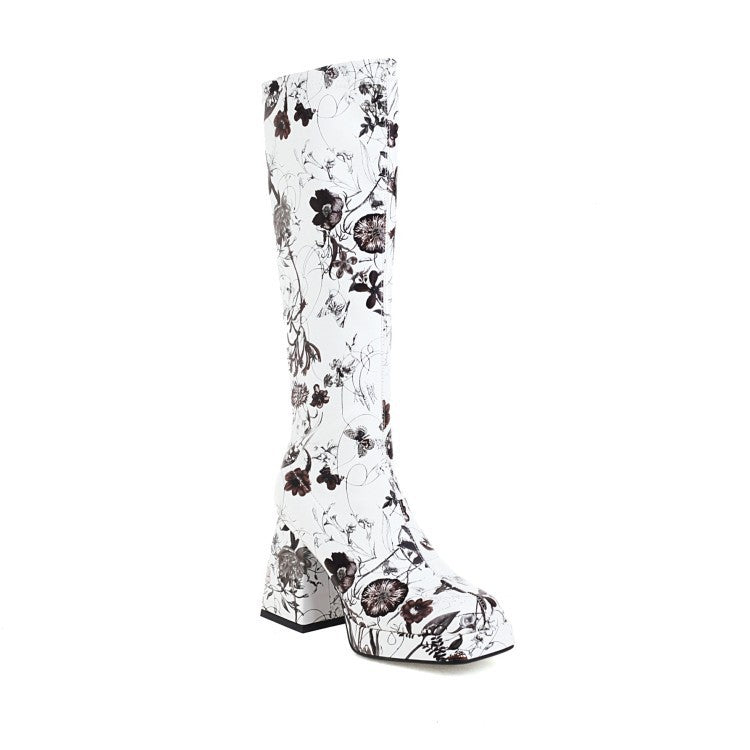 Fashion High Heel Print Square Toe Knight Boots Women