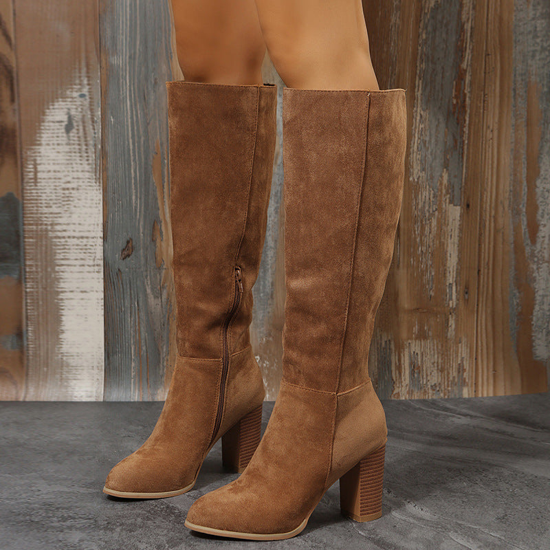Women's Plus Size Long Side Zipper, Medium Chunky Heel Biker Boots