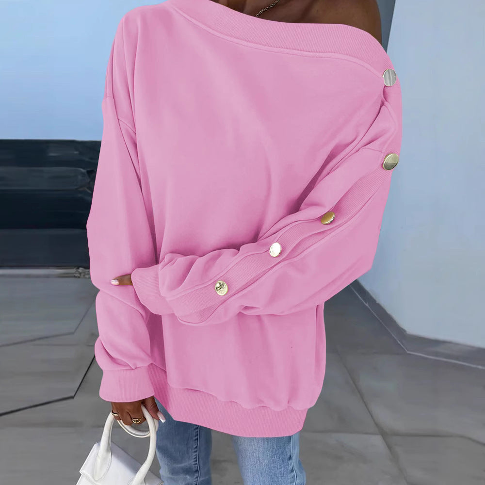 Asymmetric Neckline Button Sleeve Drop-shoulder Sweatshirt