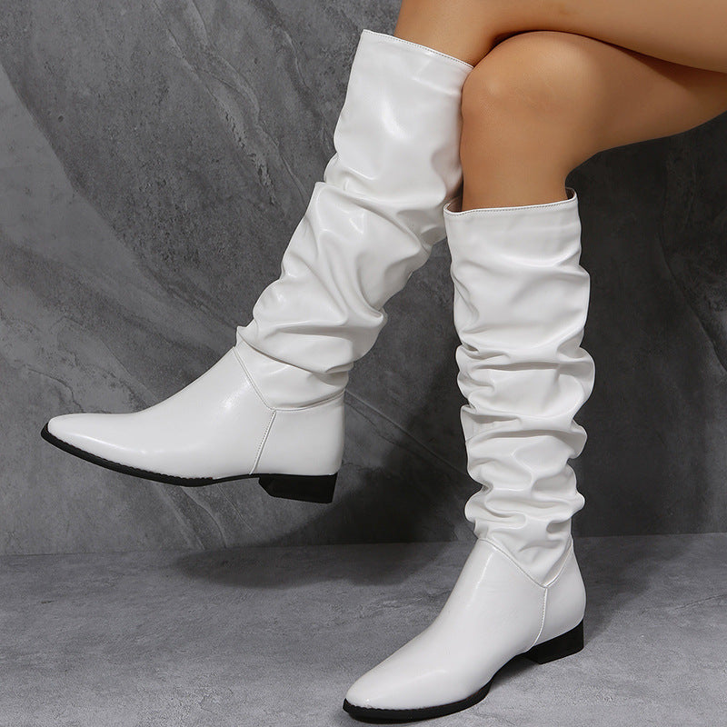 Long White Cowboy Women Boots. Pointed Toe Shoes